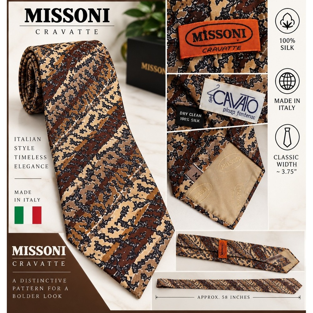 Vintage Missoni Cravatte 100% Silk Tie Made in Italy Brown Tan Abstract 3.75"